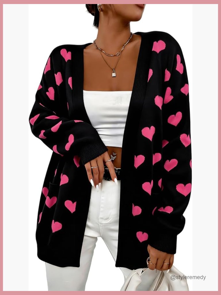 Valentine Heart Print Open Front Knit Cardigan With Pockets